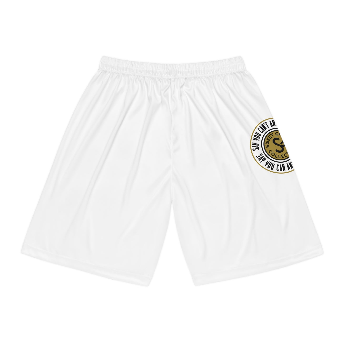 White Basketball Shorts with Gold Emblem — 'So You Can' Motivational Logo