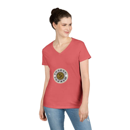 Ladies' V-Neck T-Shirt — Retro Gold Seal 'S' Emblem