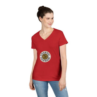 Ladies' V-Neck T-Shirt — Retro Gold Seal 'S' Emblem