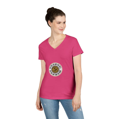 Ladies' V-Neck T-Shirt — Retro Gold Seal 'S' Emblem