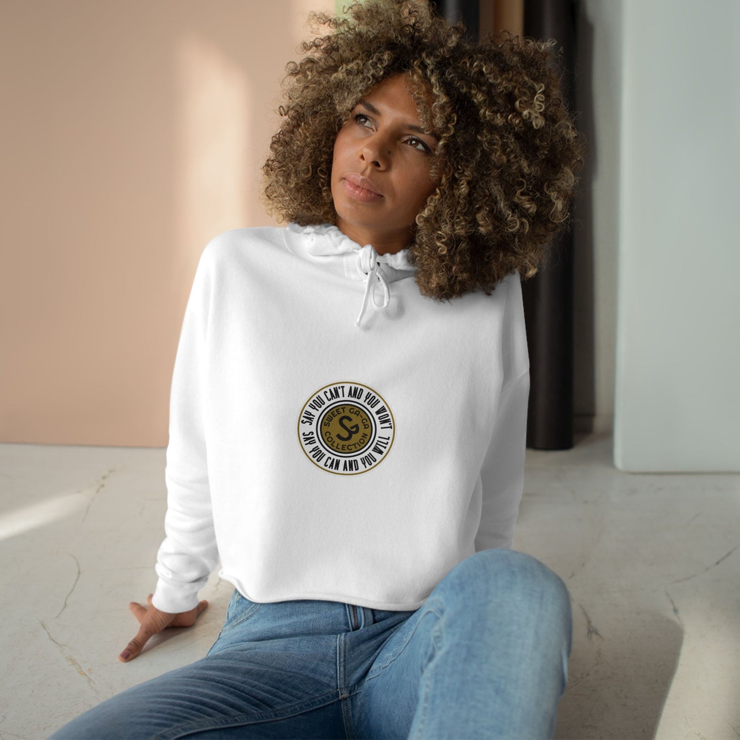 Cropped Hoodie — Minimal Gold Seal Logo, Casual Streetwear