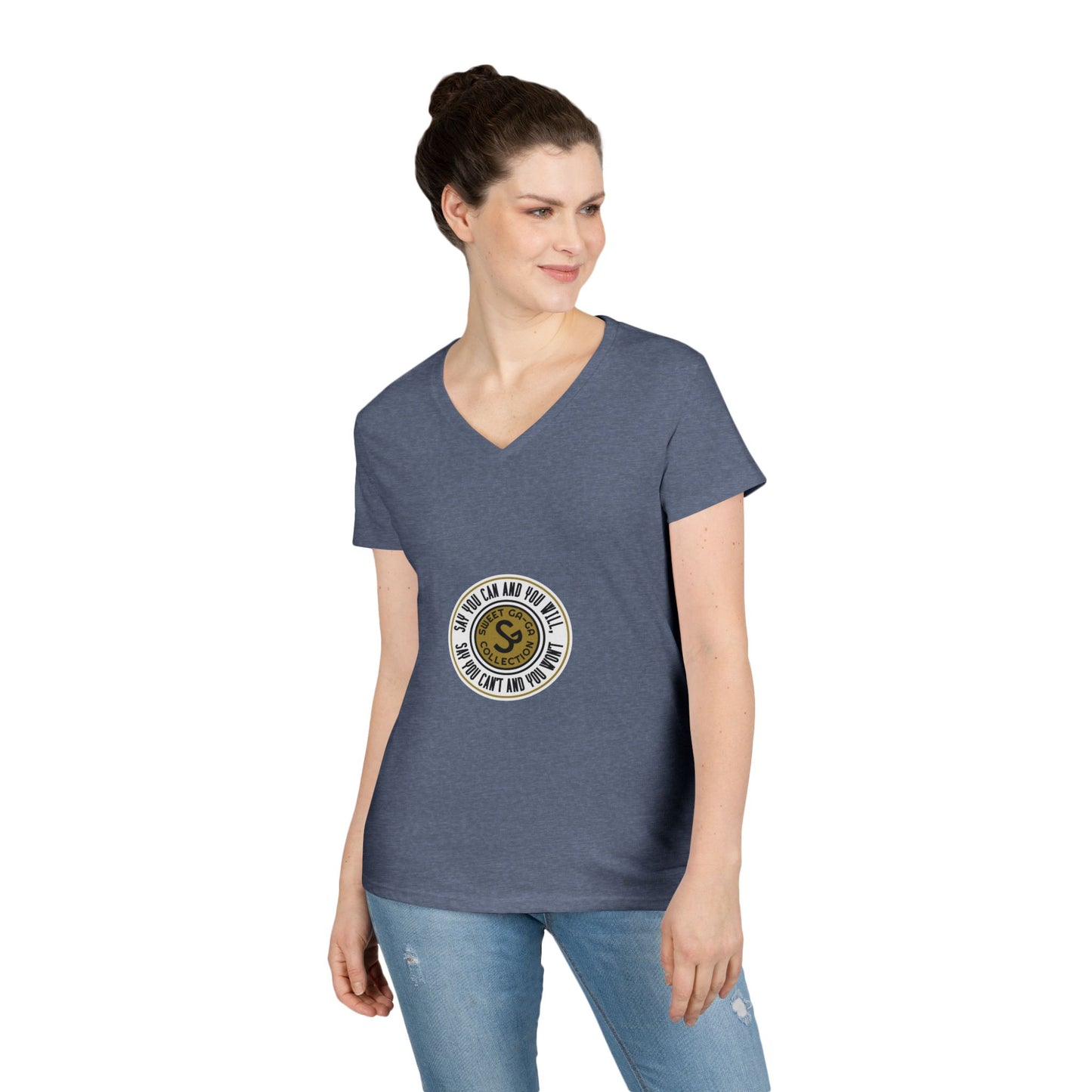 Ladies' V-Neck T-Shirt — Retro Gold Seal 'S' Emblem