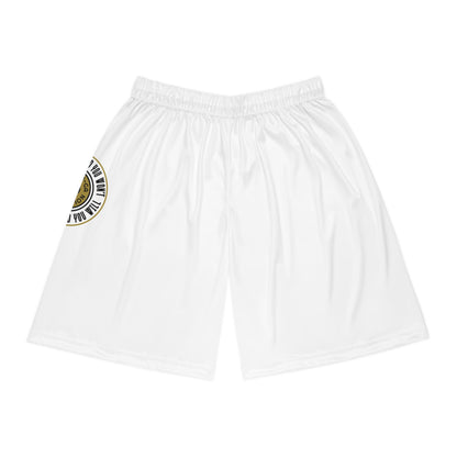 White Basketball Shorts with Gold Emblem — 'So You Can' Motivational Logo