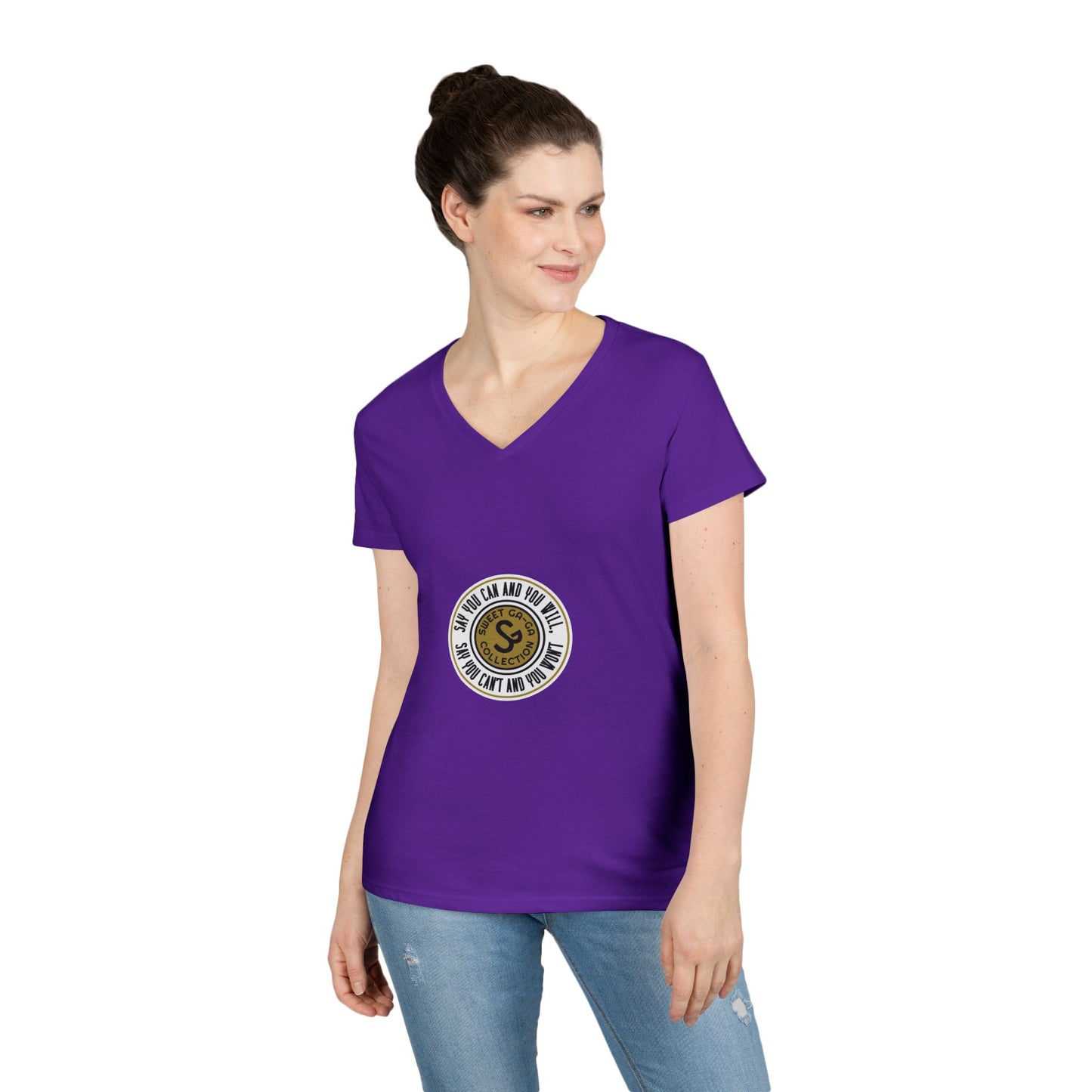 Ladies' V-Neck T-Shirt — Retro Gold Seal 'S' Emblem