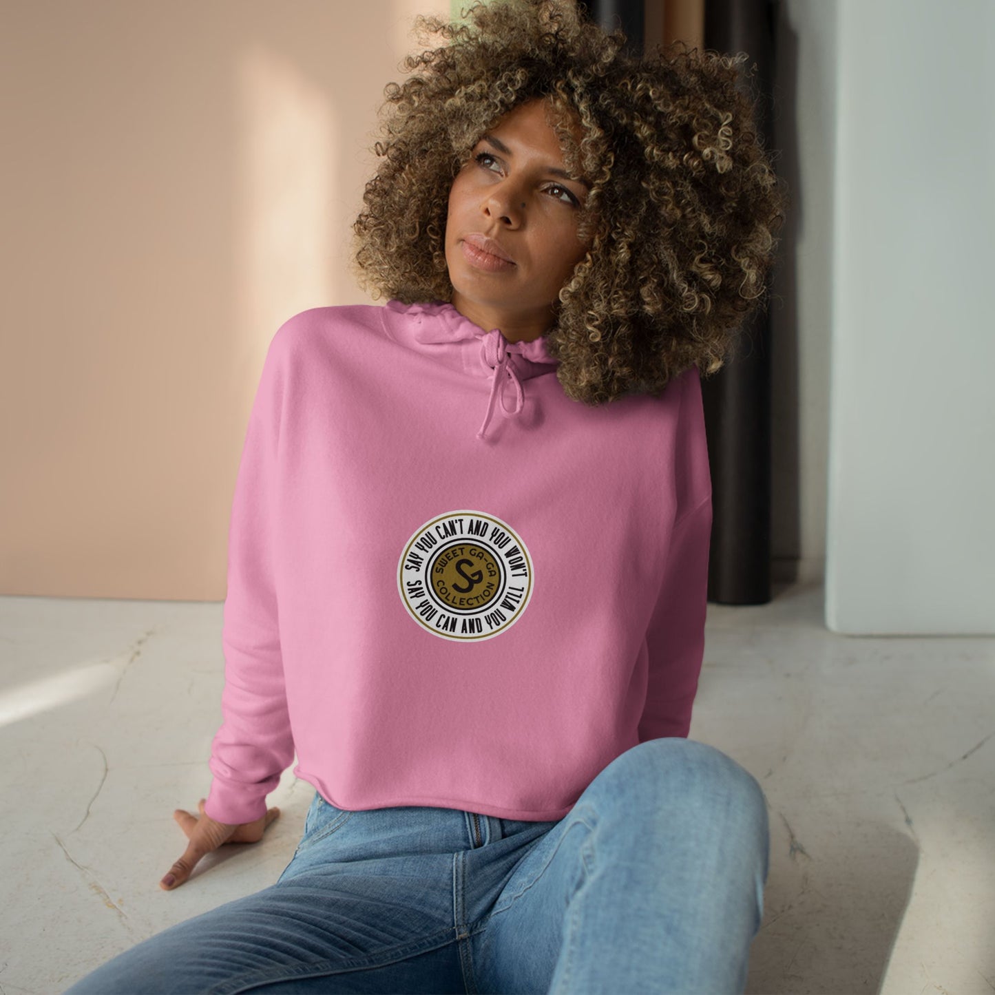 Cropped Hoodie — Minimal Gold Seal Logo, Casual Streetwear