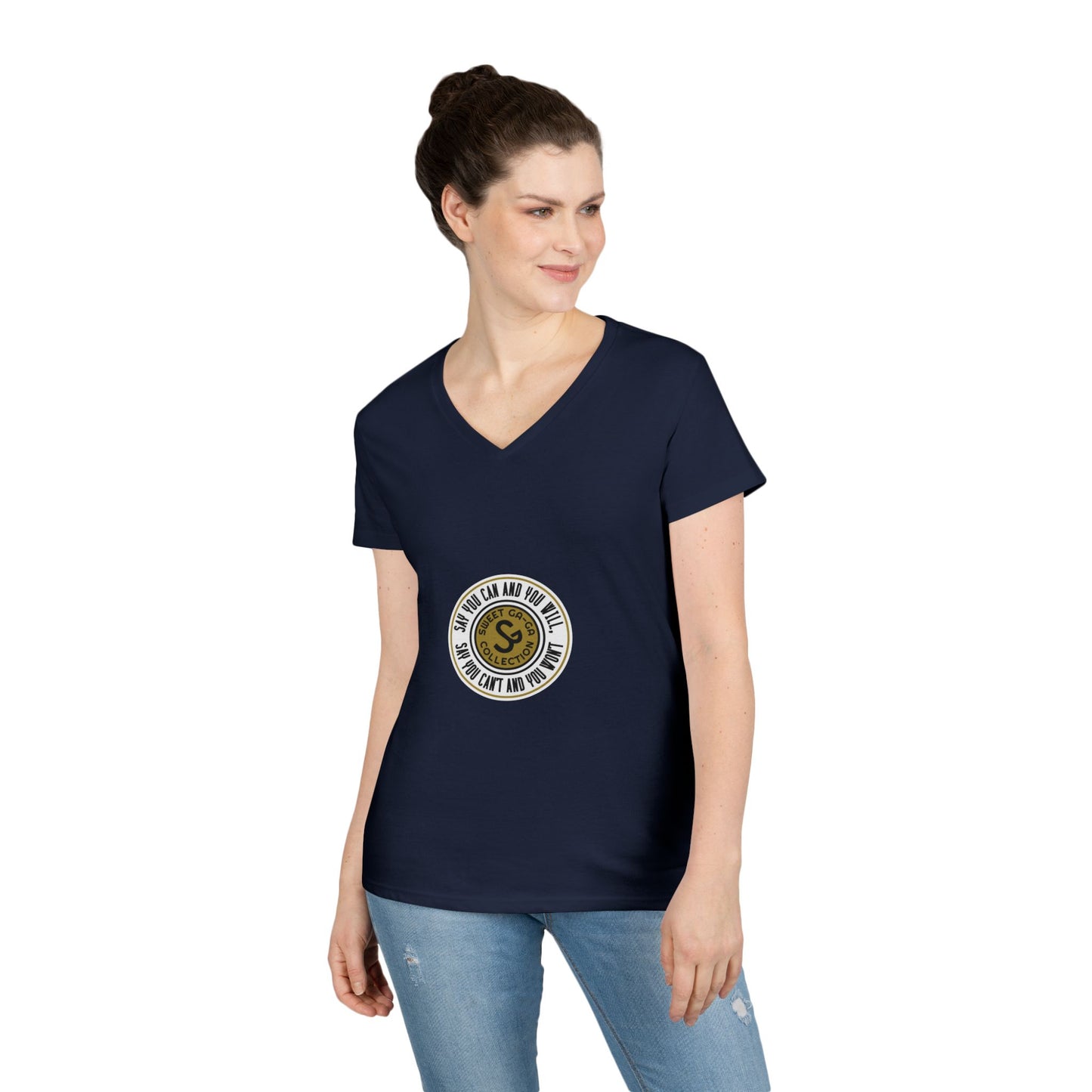 Ladies' V-Neck T-Shirt — Retro Gold Seal 'S' Emblem