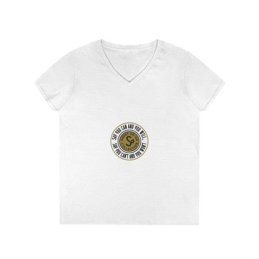 Ladies' V-Neck T-Shirt — Retro Gold Seal 'S' Emblem