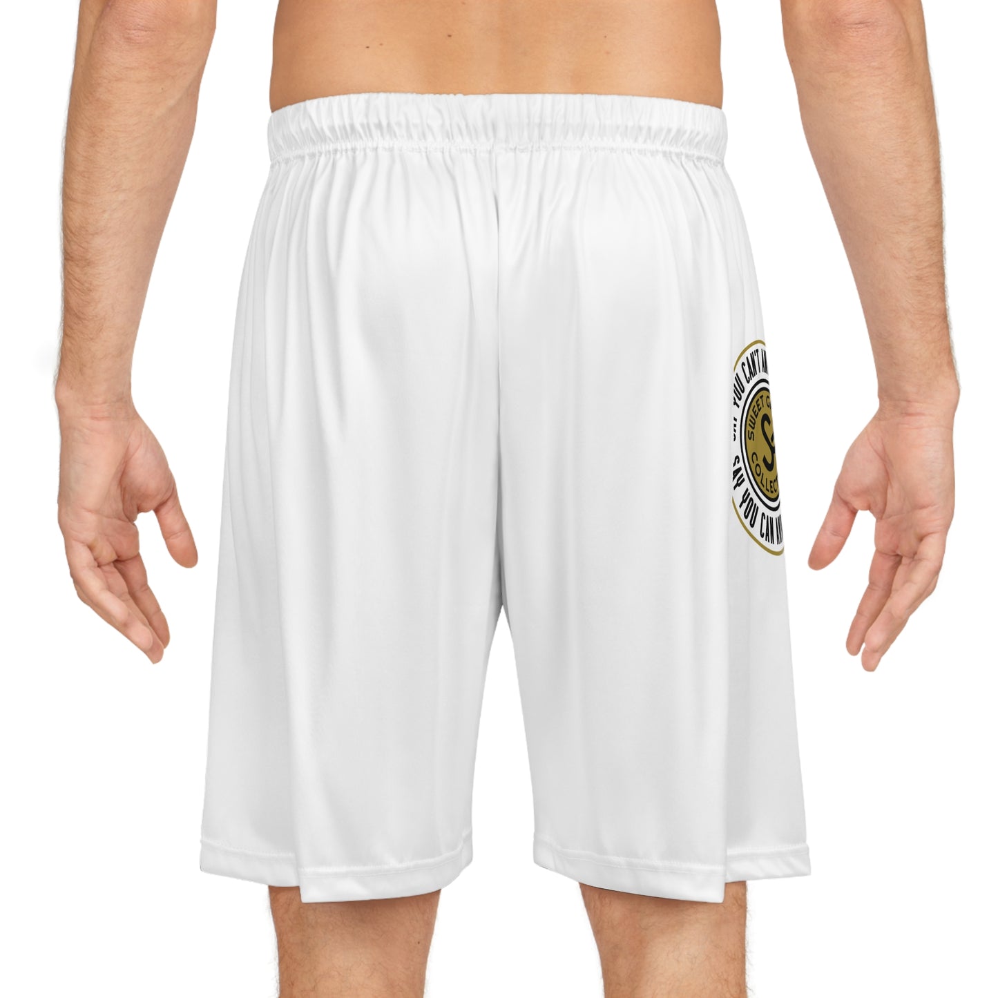 White Basketball Shorts with Gold Emblem — 'So You Can' Motivational Logo