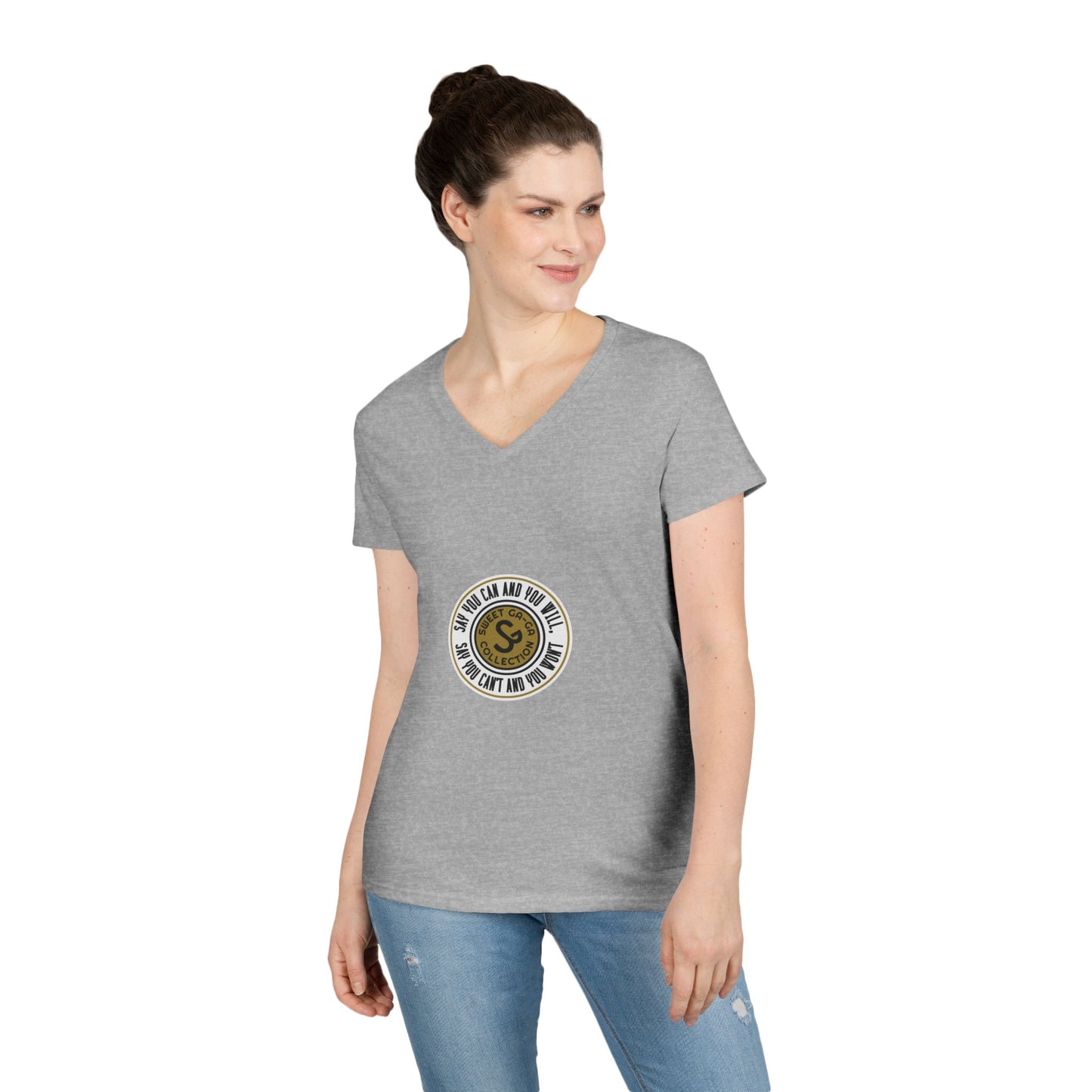Ladies' V-Neck T-Shirt — Retro Gold Seal 'S' Emblem