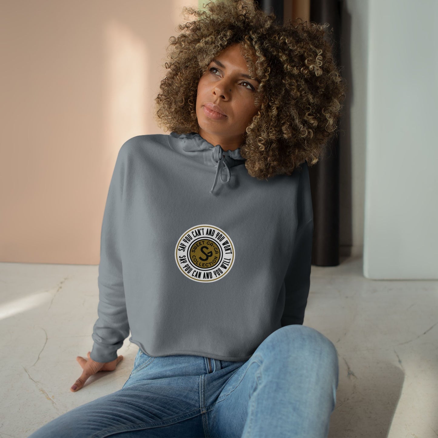 Cropped Hoodie — Minimal Gold Seal Logo, Casual Streetwear