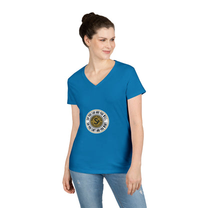 Ladies' V-Neck T-Shirt — Retro Gold Seal 'S' Emblem