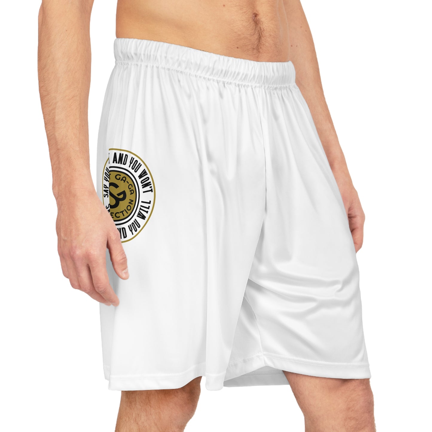 White Basketball Shorts with Gold Emblem — 'So You Can' Motivational Logo