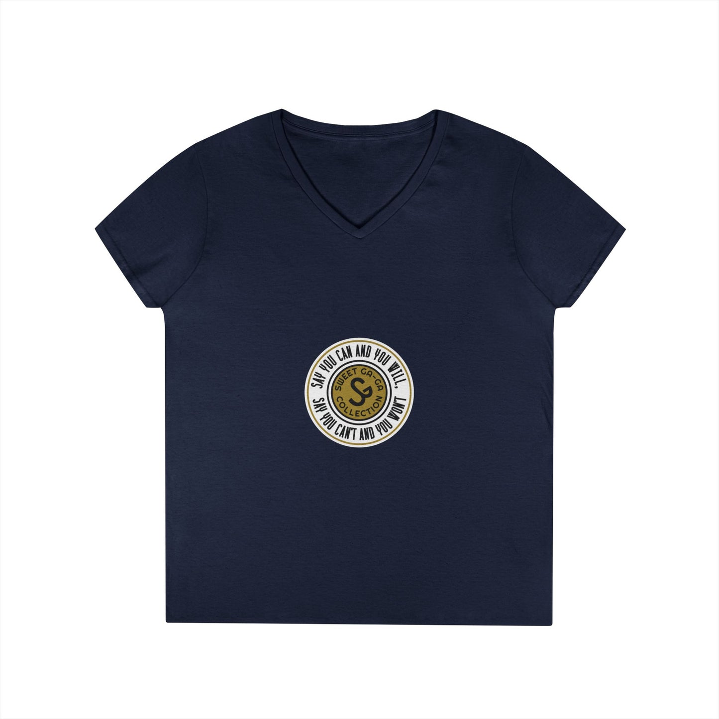 Ladies' V-Neck T-Shirt — Retro Gold Seal 'S' Emblem
