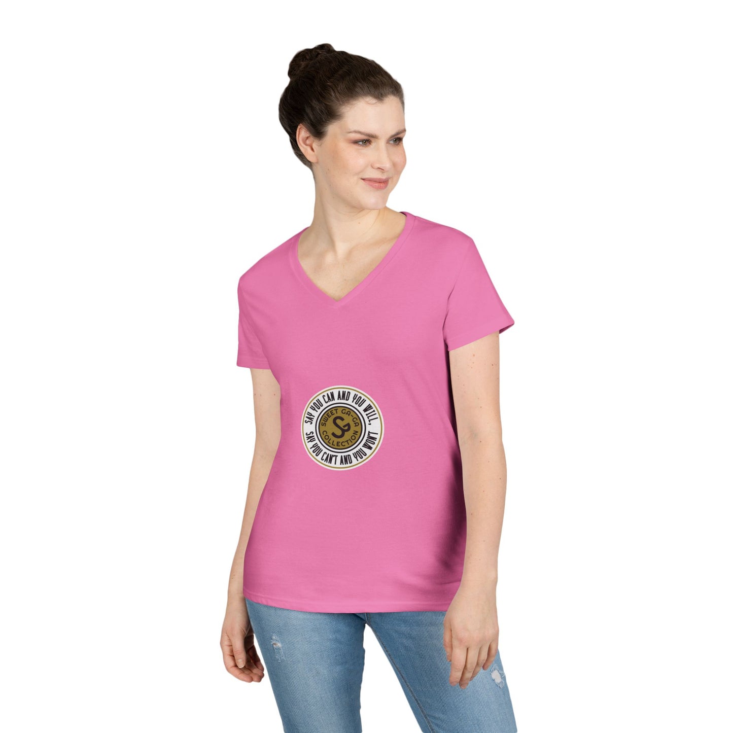 Ladies' V-Neck T-Shirt — Retro Gold Seal 'S' Emblem