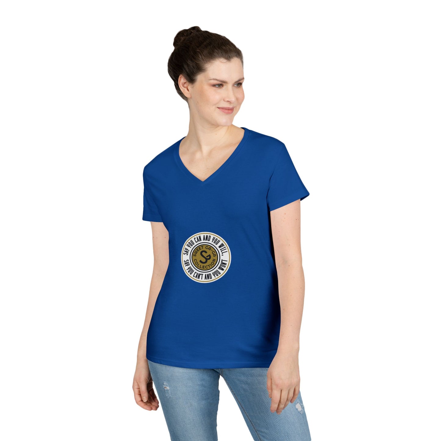 Ladies' V-Neck T-Shirt — Retro Gold Seal 'S' Emblem