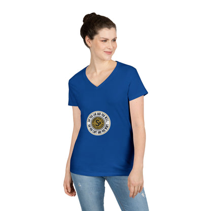 Ladies' V-Neck T-Shirt — Retro Gold Seal 'S' Emblem